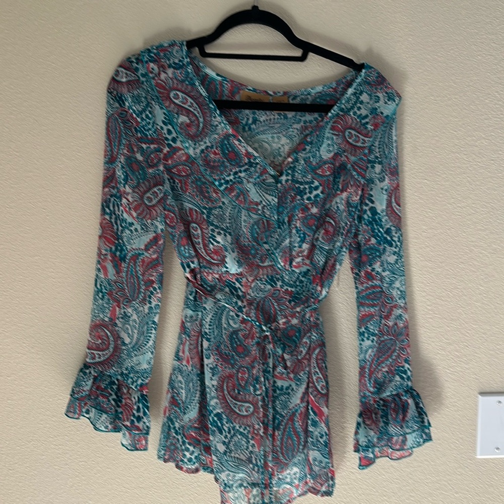 🆕WRANGLER🆕 MULTICOLOR PASTEL BLOUSE WITH TIE  WOMEN’S SMALL NWOT